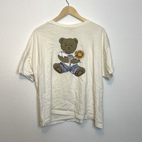 north west blue Tops - Bear with American Flag and Sunflower White T Shirt